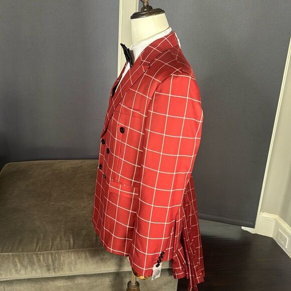 Men’s Check Plaid 3 Piece Suit Double Breasted Peak Lapel 42 Jacket 38 Pants NEW - Picture 5 of 16